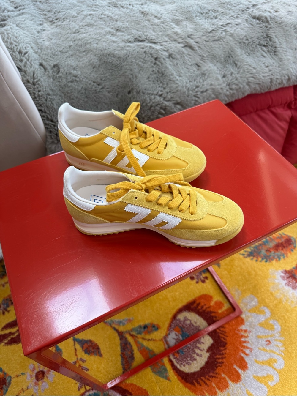 Women's Yellow Lace-Up Retro Runner Sneakers with White Accents - Picture 3 of 4